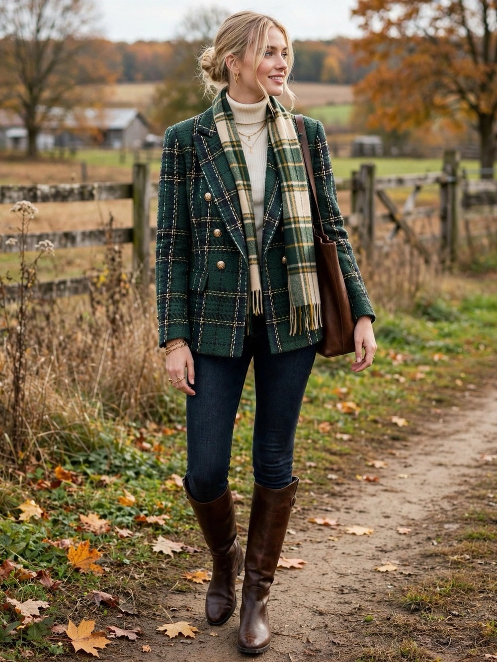 Green Tweed Plaid Double Breasted Blazer Gold Buttons | Size M